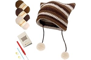 Yeezhee Crochet Kit for Beginners, Crochet Hat Starter Kit with Step-by-Step Video Tutorials, Cat Beanie Knitting Kit Including Yarn, Crochet Hooks (Folivora)
