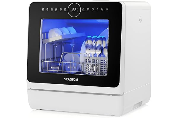 SEAGTOM Portable Dishwashers for Camping and Home with 5l Water Tank, Hose, LED Light, 10 Wash Programs, Baby Care Mode, Dual Water Supply and 1h Hot Air Drying