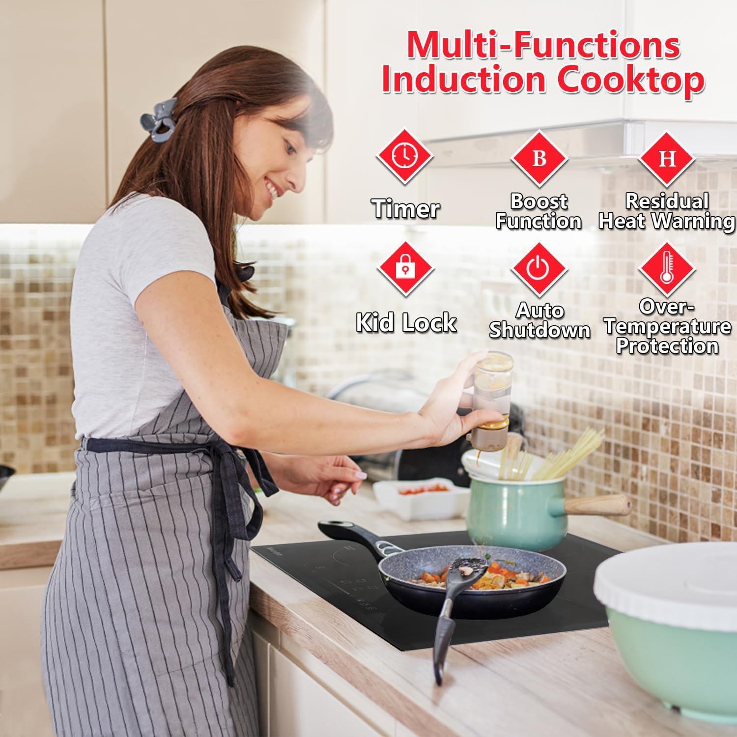 24 Inch Induction Cooktop Electric Cooktop 7000W 4 Boost Burners 9 Power Levels Built-in Electric Stovetop,Touch Control/Timer/Safety Lock 220-240V