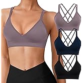 VEQING Seamless V-Neck Women Sports Bras, Padded Cross Back Wireless Low Impact Workout Yoga Bras for Small Chests, 3 Pack