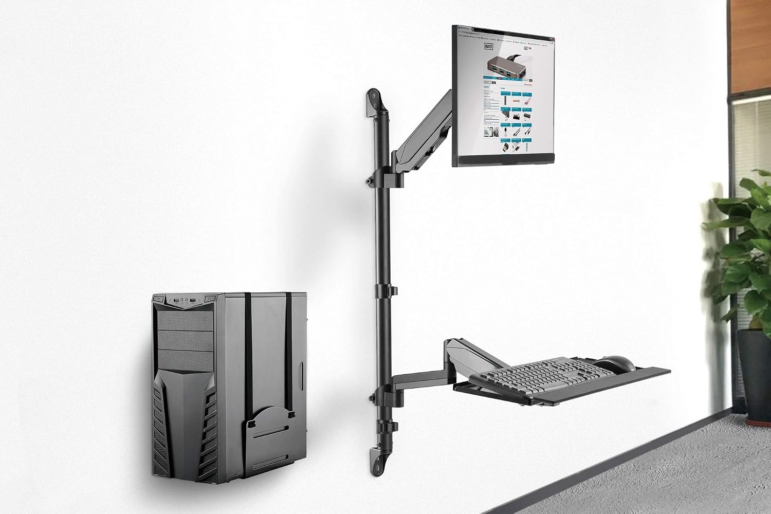 DIGITUS Standing/sitting workstation, Monitor & PC mount & keyboard tray, Wall mounting, 2x gas pressure spring, 1 monitor - Image 3