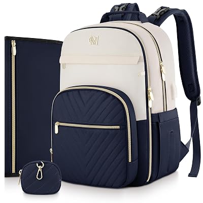 MOMUVO Diaper Bag Backpack, Quilted Baby Bag with Changing Pad & Stroller Straps & Pacifier Case, Large Travel Diaper Bags for Mom Dad, Blue Beige