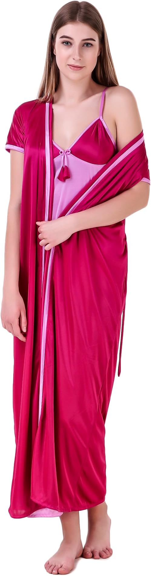 MILIT Women's Satin Contrast Nighty with Robe (mi2201, Multicolour, Free Size) - Set of 2