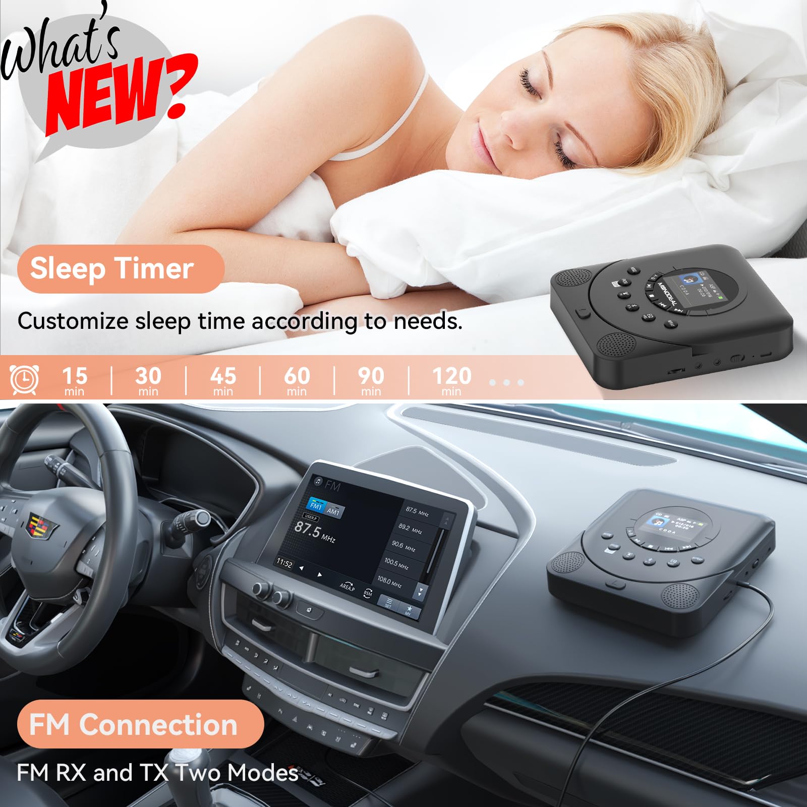 CD Player Portable, MONODEAL Dual Stereo with CD Player with Speakers, Rechargeable Discman Player for car, Support TF Card, FM Receiver and Transmitter with Sleep Timer, Colorful TFT Screen