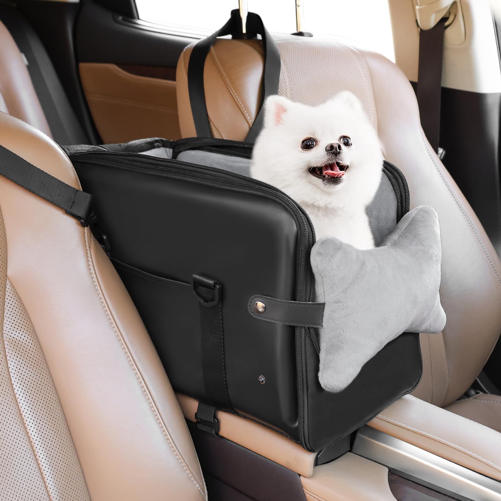 Photo 1 of PetsHome Console Dog Car Seat for Small Dogs, Premium PU Leather Dog Booster Seat Portable Pet Car Seat with Double Fixation Seat Belts, Storage Pockets, Soft Pillow, Safety Leash-Black
