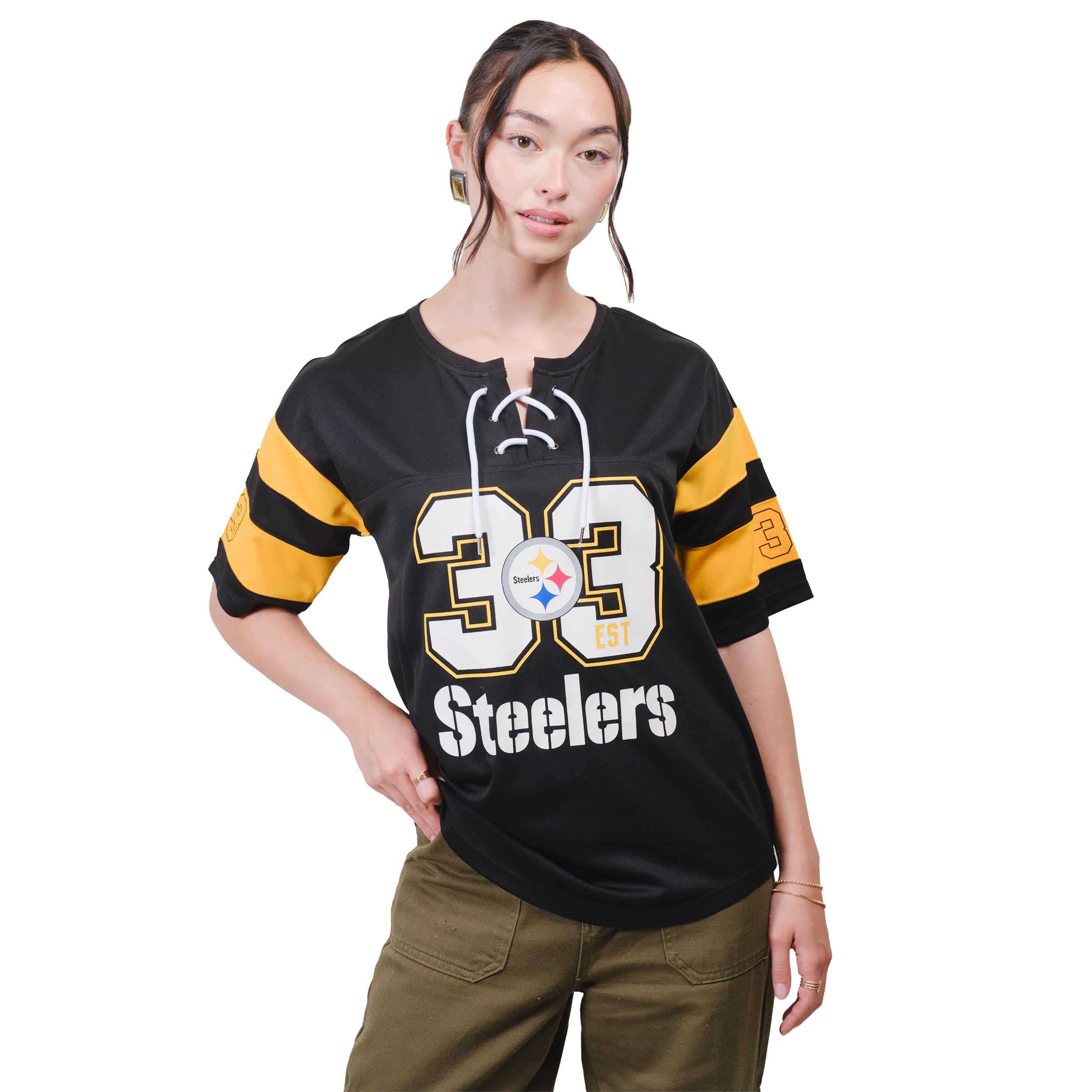 Ultra Game NFL Official Women's Lace Up Penalty Box Jersey T-Shirt, Pittsburgh Steelers, Team Color Updated, Large Image