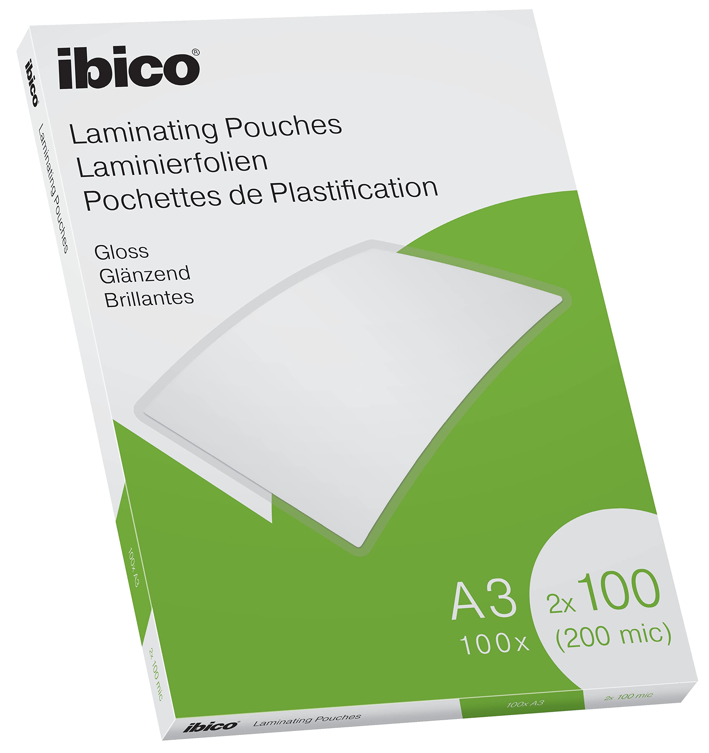 Ibico A3 Laminating Pouches, 200 Micron (2x100), High Document Protection & Durability, Pack of 100, Gloss Finish, Crystal Clear, 627320