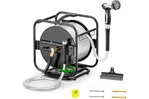 SPECILITE Heavy Duty Metal Garden Hose Reel With 100 Ft 304 Stainless Steel & Aluminum Nozzle, Wall Mount/Floor Water Pipe Spool, 360° Rotation Frame, Winder Combo, Black
