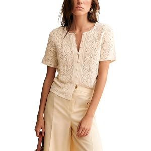 Bianstore Womens Casual Short Sleeve Crochet Knit Cardigans Lightweight Button Down Hollow Out Sweater Tops