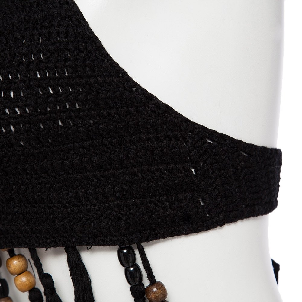 hannea retro style halter hollow out knitted fringed women bikini top