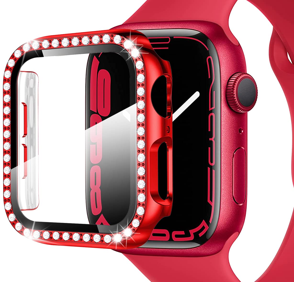 Miimall Bling Case Compatible for Apple Watch Series 8/7 45mm, PC Case with Tempered Glass Screen Protector&Crystal Diamonds, Ultra-Thin Full Protective Woman Bumper Cover for iWatch 8 45mm-Red