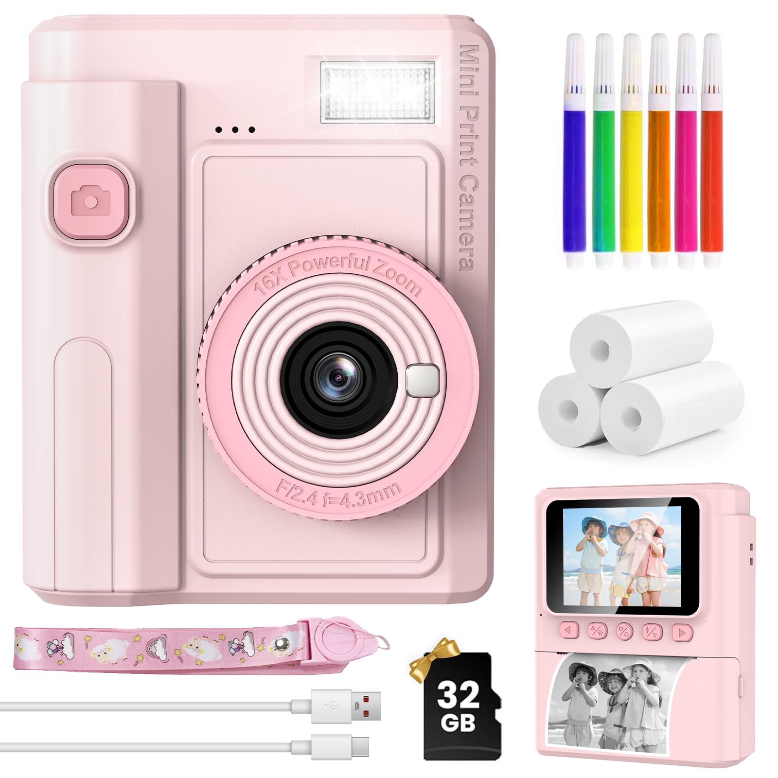 QIVORO Kids Camera Instant Print, 1080P Instant Digital Print Camera for Kids with 32GB Card & 3 Rolls Photo Paper. Christmas Birthday Gift Toys for Toddler Boys Girls Age 3-12（Pink）