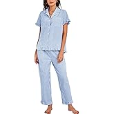 Flygo Womens Striped Pajama Sets Cotton Button Down Sleepwear Short Sleeve Top Long Ruffle Pants 2 Piece Pjs Loungewear Sets