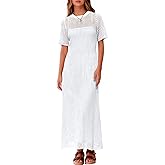 Fisoew Womens Crochet Swimsuit Cover Up Summer Vacation Resort Bathing Suit Swimwear Casual Short Sleeve Maxi Beach Dresses