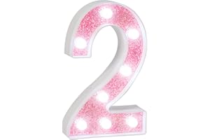 EUFONY LED Pink Glitter Marquee Light Up Number 2, Cool White Lights Marquee Numbers for Girls' Birthday Party Decorations, Battery-Powered Number Sign for Wedding, Baby Shower, Wall and Table Decor