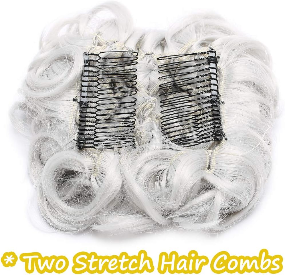 Silk-co Combs Hairpieces Hair Bun Scrunchy Scrunchie Updo Clip in Chignon Short Messy Curly Wavy Hair Extensions # Silver Grey - Image 3