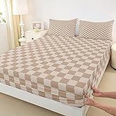 Check Fitted Sheets Twin Size,Light Brown Checkered Bedding Set 2Pcs for Kids Teens Woman Men Room Decor,Geometric Grid Deep Pocket Sheet Modern Plaid Bed Cover,1 Pillowcase