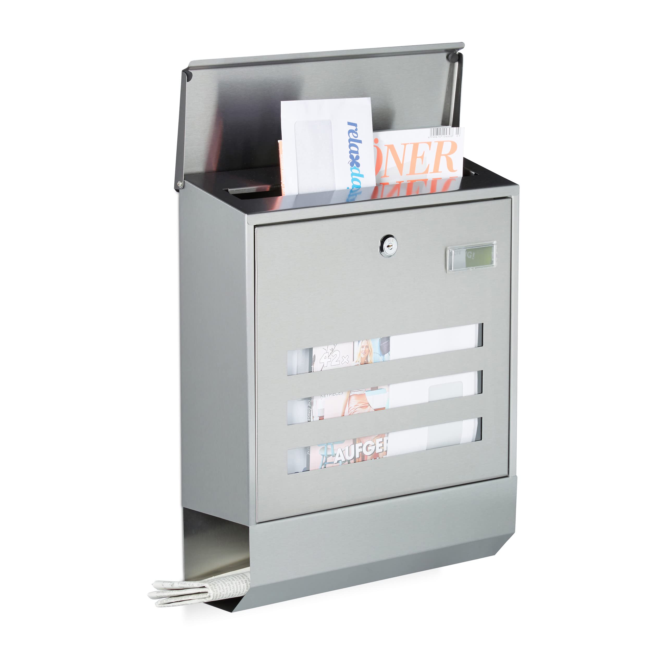 Relaxdays Stainless Steel Letterbox with Newspaper Slot, Name Plate, HxWxD: 42 x 35 x 12.5 cm, Mailbox, Design, Silver