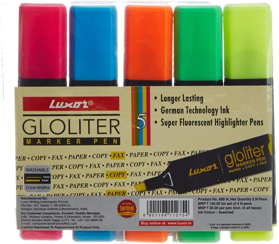 Luxor Gloliter Pens, Assorted - Pack of 5