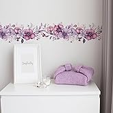Romantic Purple-Pink Flower Vine Wall Stickers, sacinora Botanical Floral Art Peony Rose Daisy Wall Decals Removable Vinyl Peel and Stick for Living Room Bedroom Bathroom Kitchen Decoration