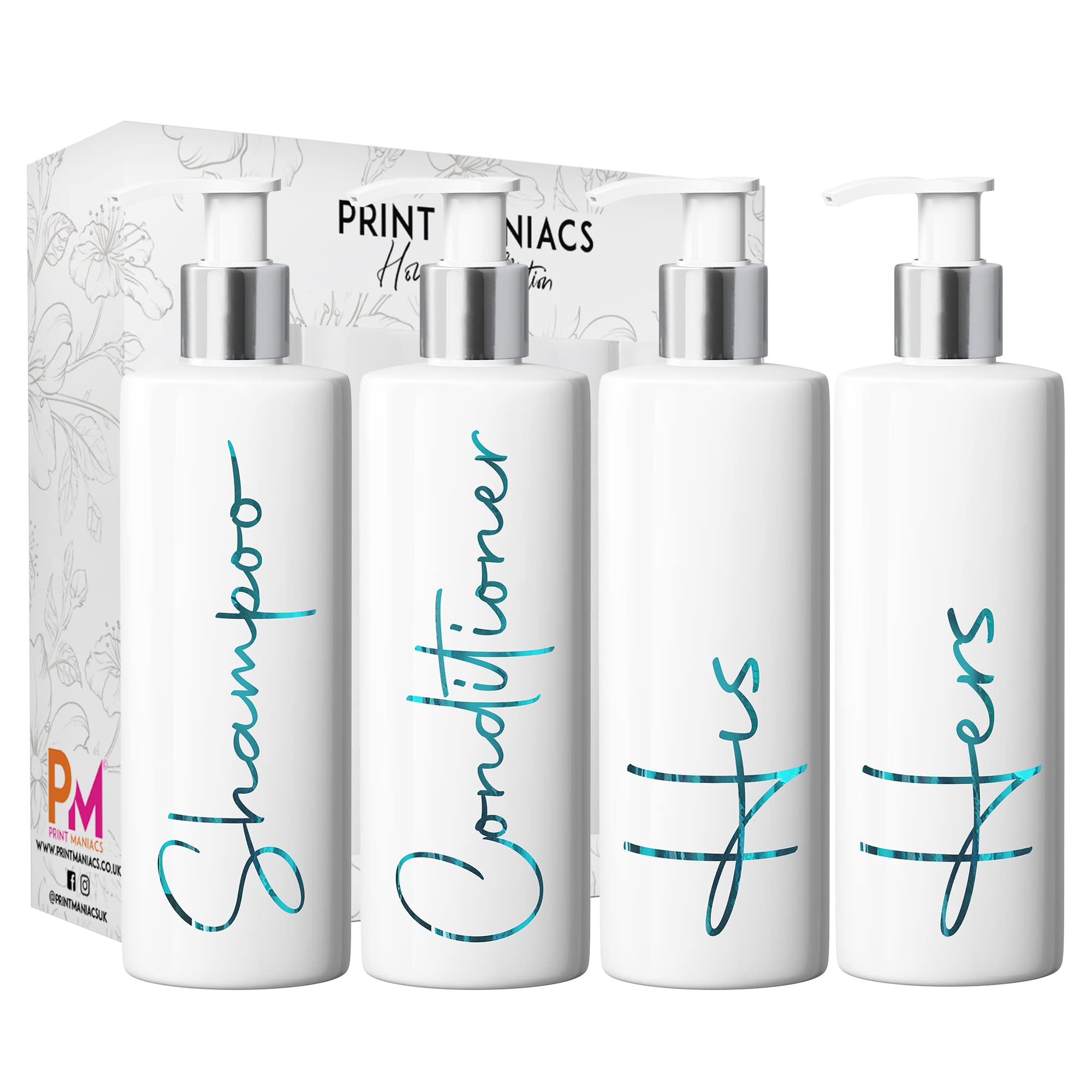 Print Maniacs White Mrs Hinch Inspired Personalised 500ml Pump Bottles Bathroom Lotion Kitchen Set Shampoo Conditioner (Set 4 His Her, F2 ) (Teal)