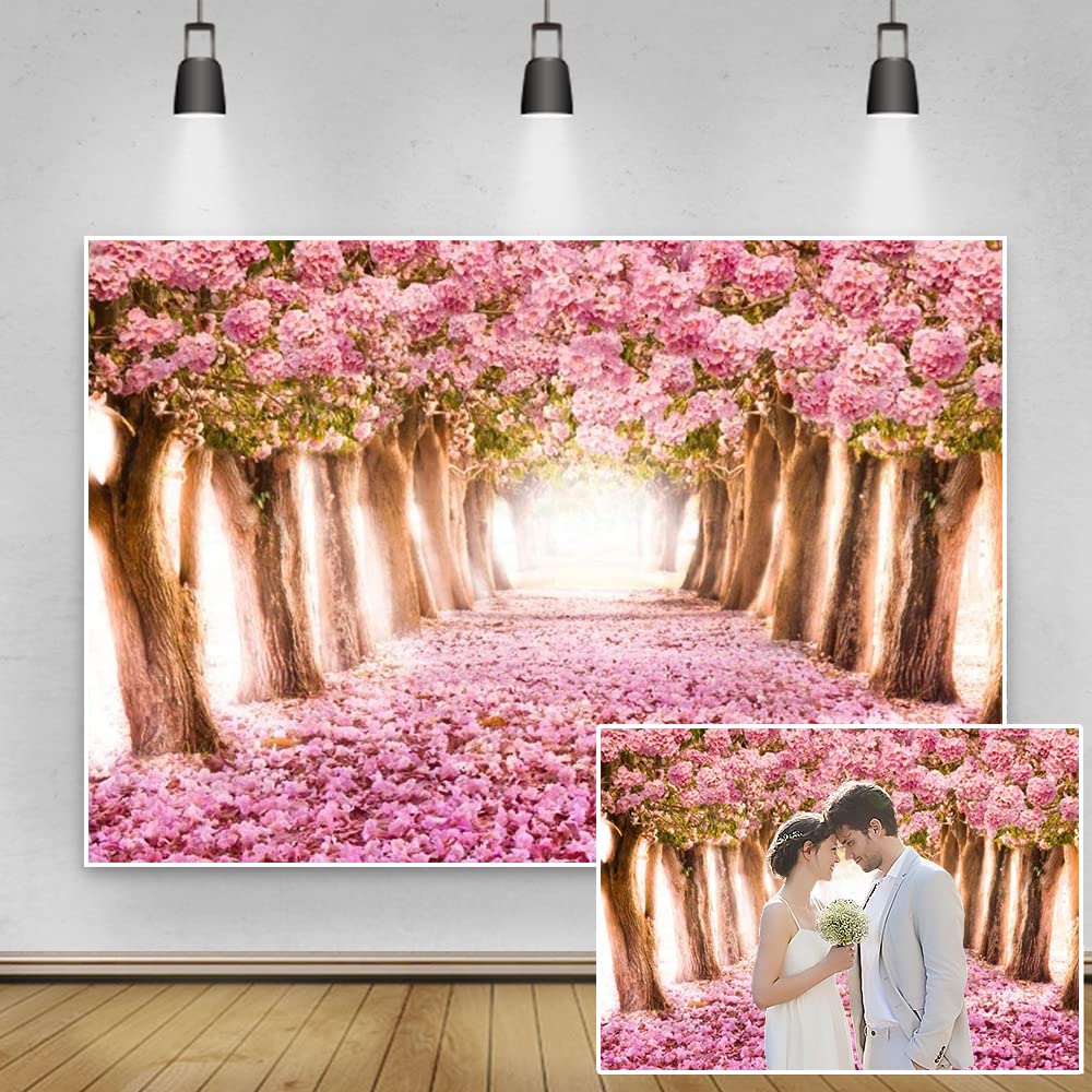 Renaiss 10x6.5ft Spring Romantic Pink Flower Trees Backdrop Cherry Park Pink Road Pathway Background Wedding Party Decor Kids Girl Portrait Photography Vinyl Photo Studio Props