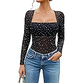 Avidlove Women's Trendy Sexy Square Neck Long Sleeve Rhinestone Sheer Mesh Bodysuits Tops