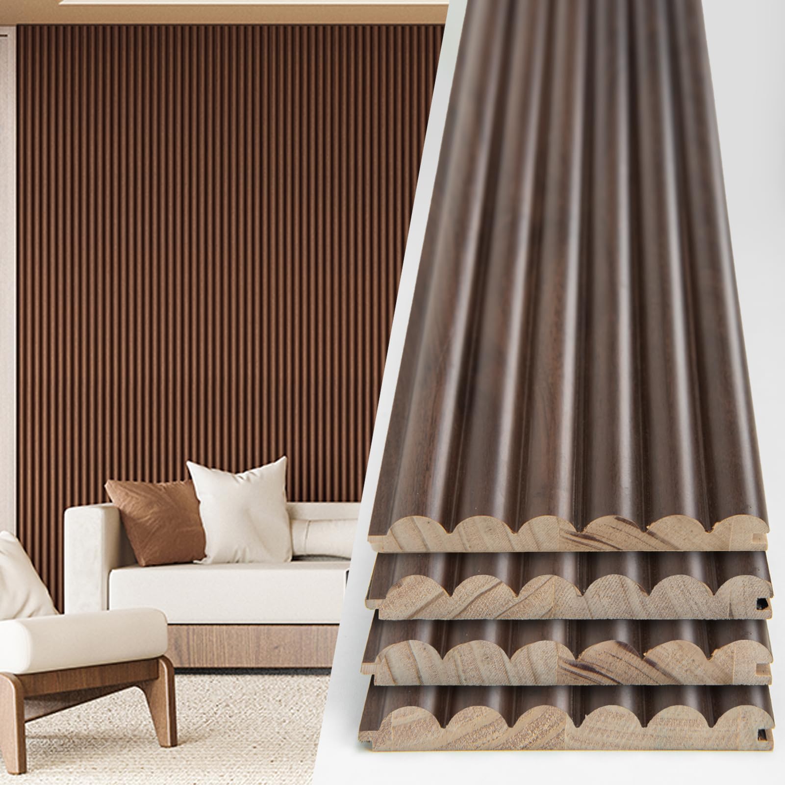 Photo 1 of Art3d Fluted Wood Panel - 108 x 5.7 x 0.7in for Wall & Ceiling, Beaded Accent Molding for Home Decoration, Pack of 4pcs + 1pc End-Trim, Beaded Walnut