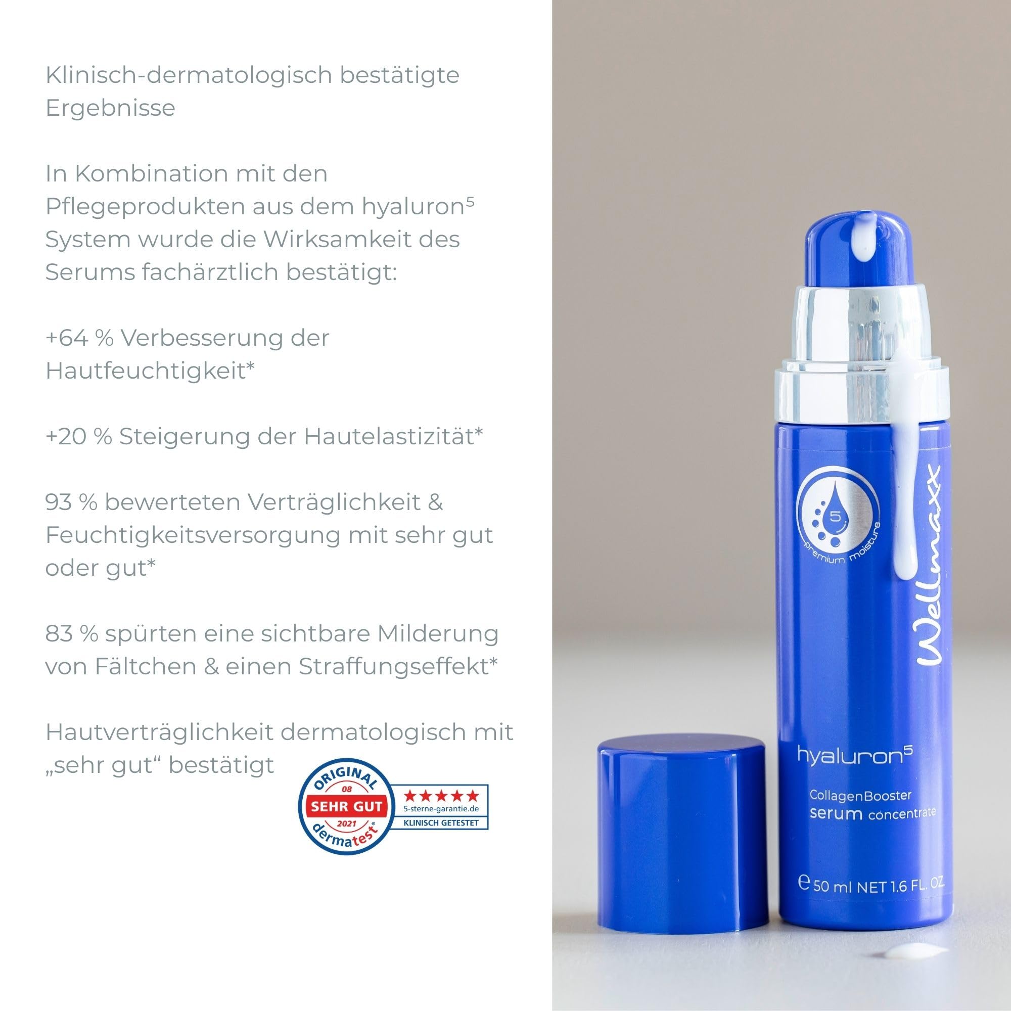 WELLMAXX® hyaluron⁵ CollagenBooster serum concentrate l leichtes 5-fach hyaluron Serum l Feuchtigkeit & Straffheit l Anti Aging l alle Hauttypen l Made in Germany l Dermatest „sehr gut“* l 50 ml 3