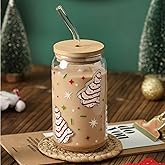 Christmas Tree Cup, 16oz Clear Glass Cups with Lids and Straws, Cute Cups for Women, Christmas Tree Design, Reusable Drinking Cup with Bamboo Lids, Santa Christmas Gifts for Men, Women and Friends