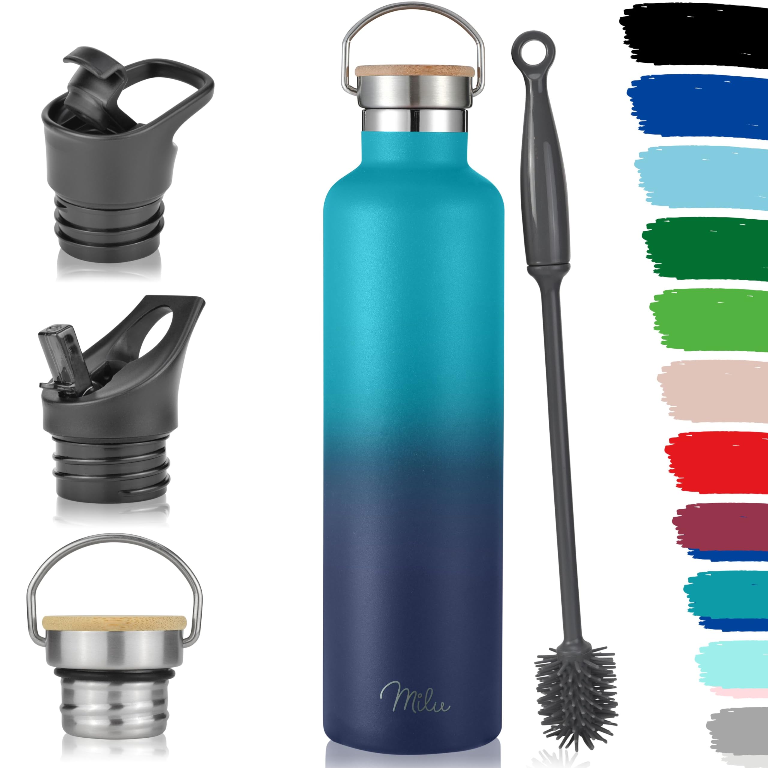 Milu Stainless Steel Drinking Bottle 350ml, 500ml, 750ml, 1l (+3 Lids) - Thermo Bottle with Straw, Water Bottle, for Hot, Cold & Carbonated Drinks (Green Blue, 1000ml)