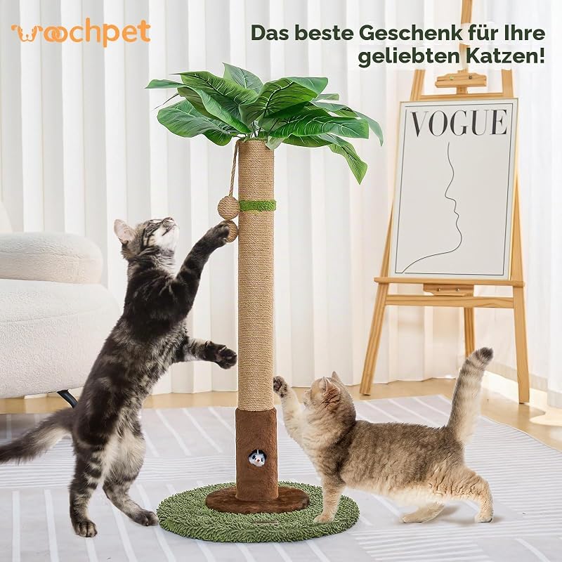 Kratzbaum mit Sisalseil für Indoor-Katzen, Palmen-Kratzbäume, Pflanzenkratzbaum, interaktiver Ball und Maus, Katzenspielzeug für Erwachsene Katzen und Kätzchen, 89 cm hoch, Grün