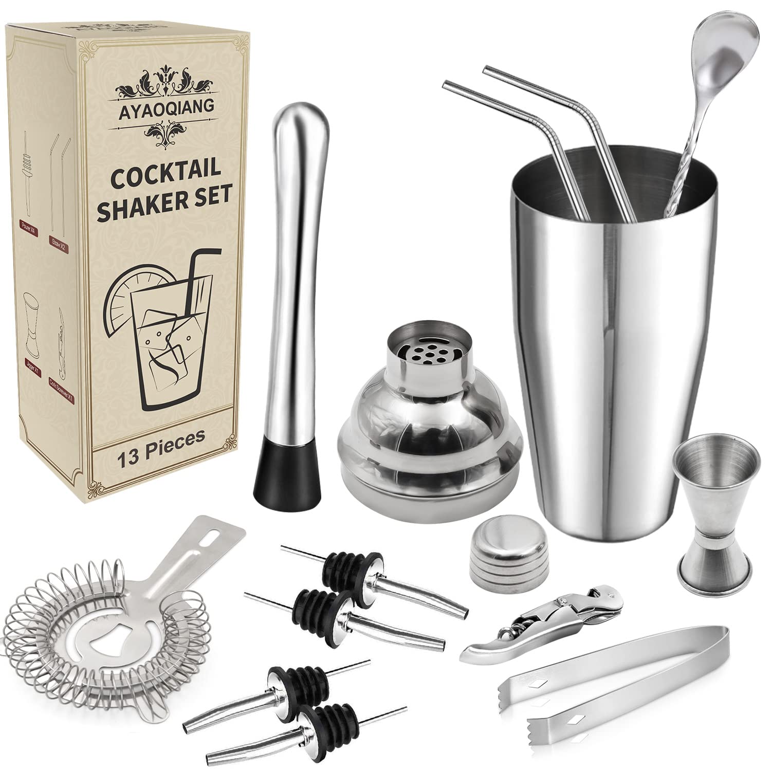 Cocktail Shakers Set,13 Pieces Cocktail Making Kit,750ML Stainless Steel Shaker,Bar Tool Set Bartender Kit with Double Jigger,Valentine's Day,Birthday Gift for Men
