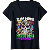 Womens Beads & Bling It's A Mardi Gras Thing Sugar Skull Colorful V-Neck T-Shirt