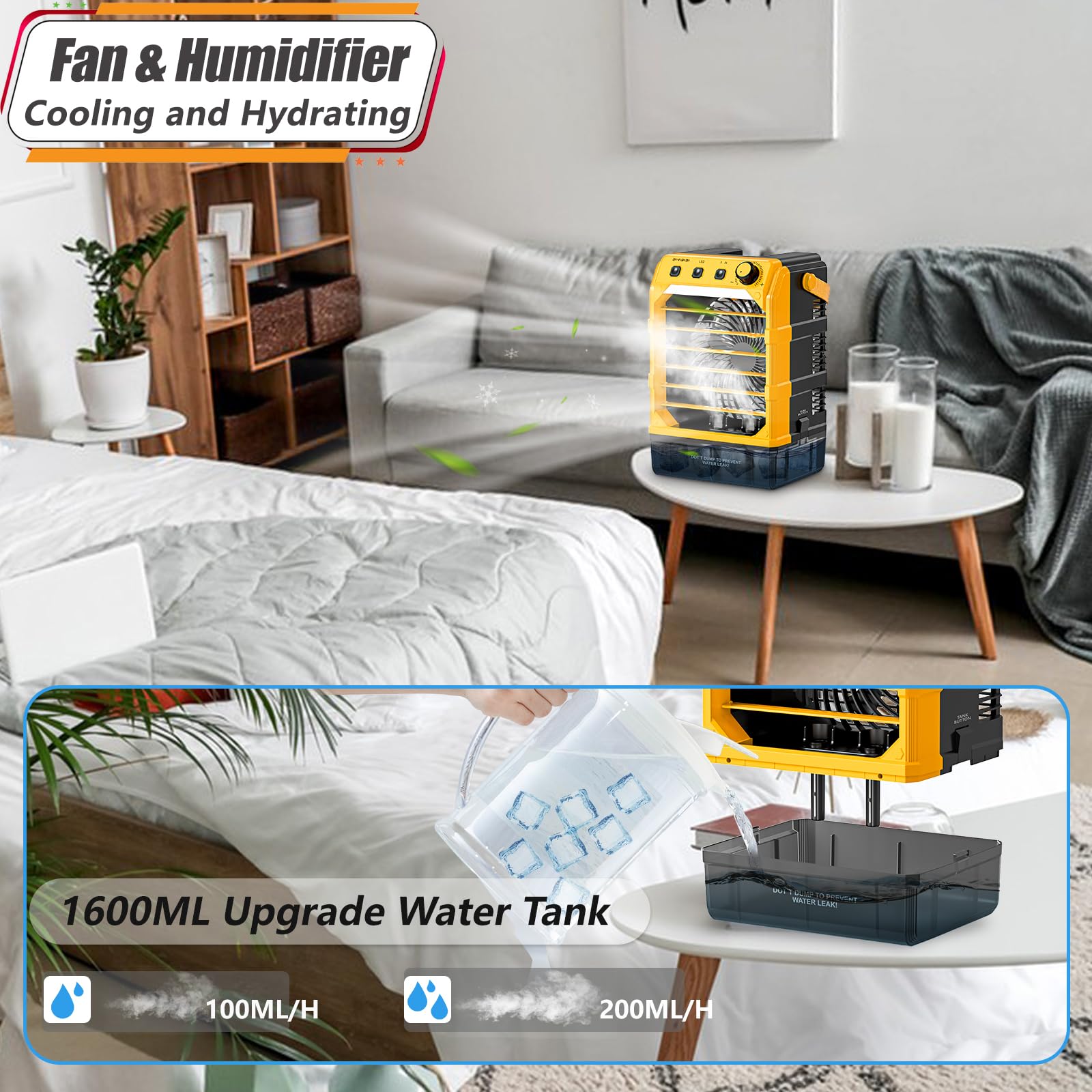 Rozlchar Portable Cooling Fan Compatible for Dewalt 20V 60V Battery(No Battery) w/USB Input Powered, Outdoor Camping Fan w/Mist, Timing Function, 1600mL Water Tank & LED for Home, Outside, Camping