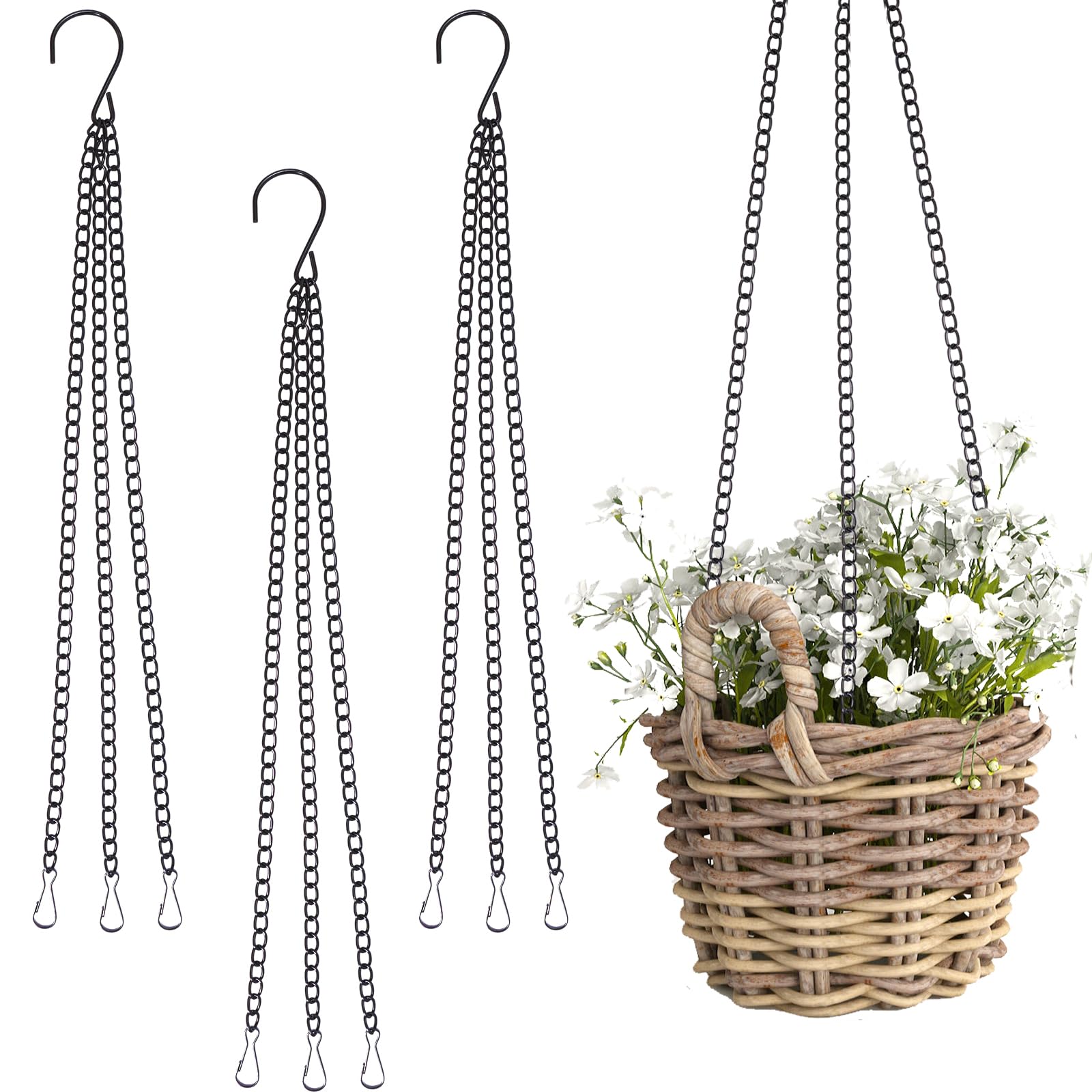 NUOOO Hanging Basket Chains 3 Point 16 Inch Heavy Duty Flower Pot Chains with 3 Clip Hooks Black Metal Chain Hangers for Hanging Plants Flowers Baskets Bird Feeder 3 Pack