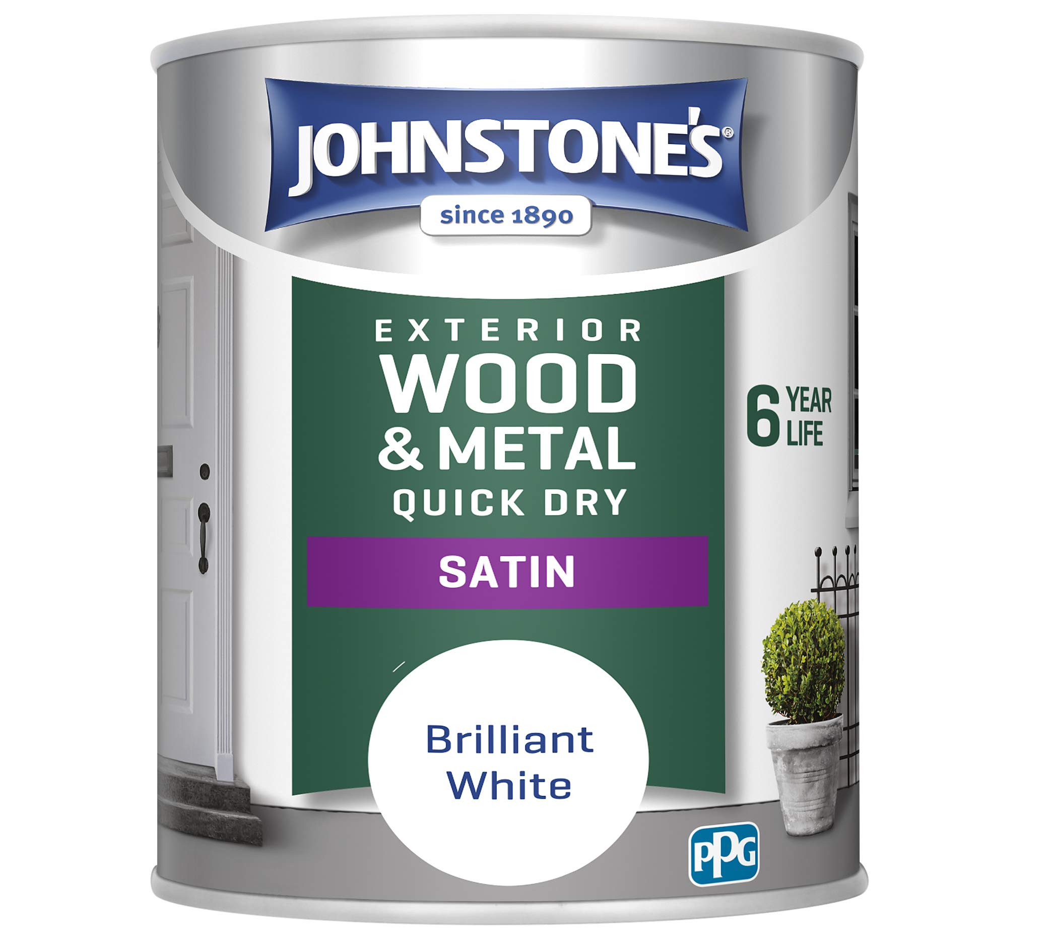 Johnstone's - Quick Dry Satin - Brilliant White- Satin Finish - Exterior Wood & Metal - Resistant to cracking & peeling - 6 years of life - 12m2 Coverage per Litre -750 ml (Pack of 1)