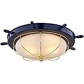 VAXCEL Orleans Nautical 15-in Outdoor Flush Mount Ceiling Light, Navy Blue and Matte Gold Finish, Nautical Style, Ship Wheel,
