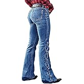 Flamingals Women's Buttoned Hem Bootcut Jeans Without Belt Mid Waist Casual Pants Navy Blue