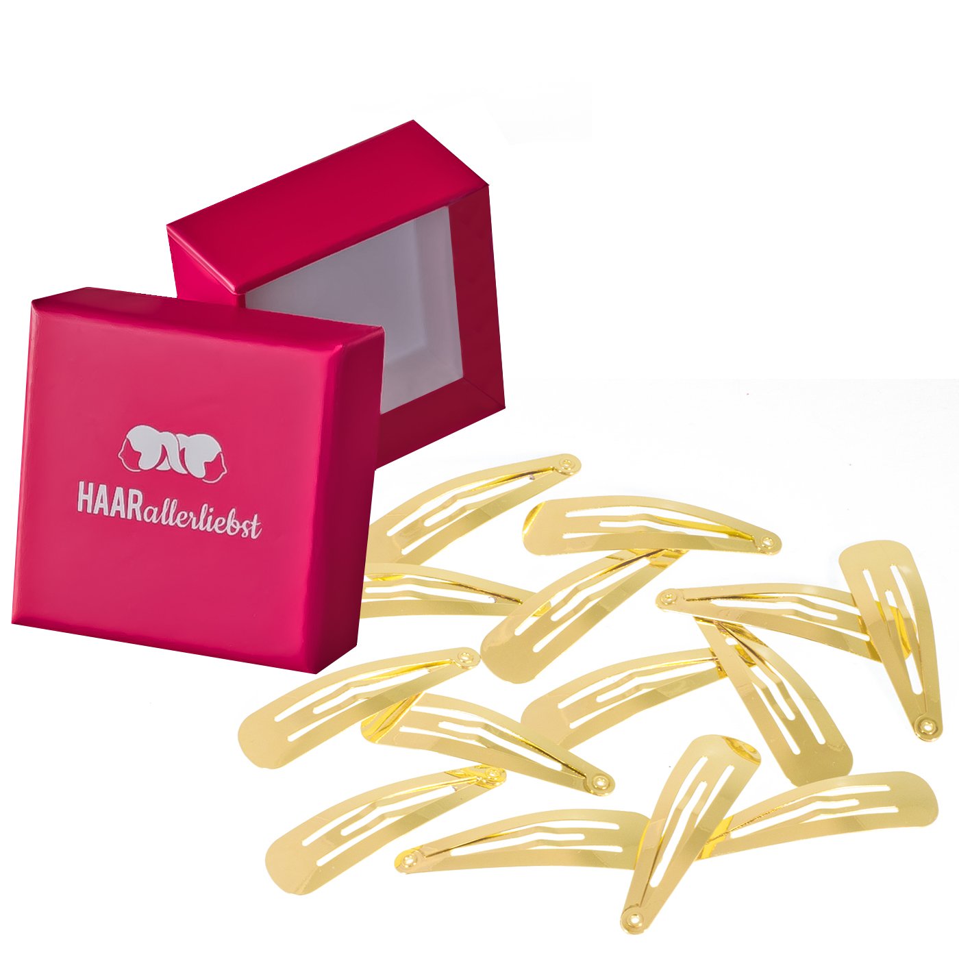 HAARallerliebst Hair Clips (14 Pieces, Gold Shiny, 5 cm) with Box for Storage (Box Colour: Pink)