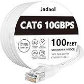 Jadaol Cat6/Cat6A Ethernet Cable 100FT Flat with Clips 10Gbps Network White | 1FT 3FT 5FT 10FT 15FT 20FT 25FT 30FT 35FT 50FT 60FT 75FT 100FT 150FT 200FT LAN Patch Cable for Router, Modem, Switch, Gaming