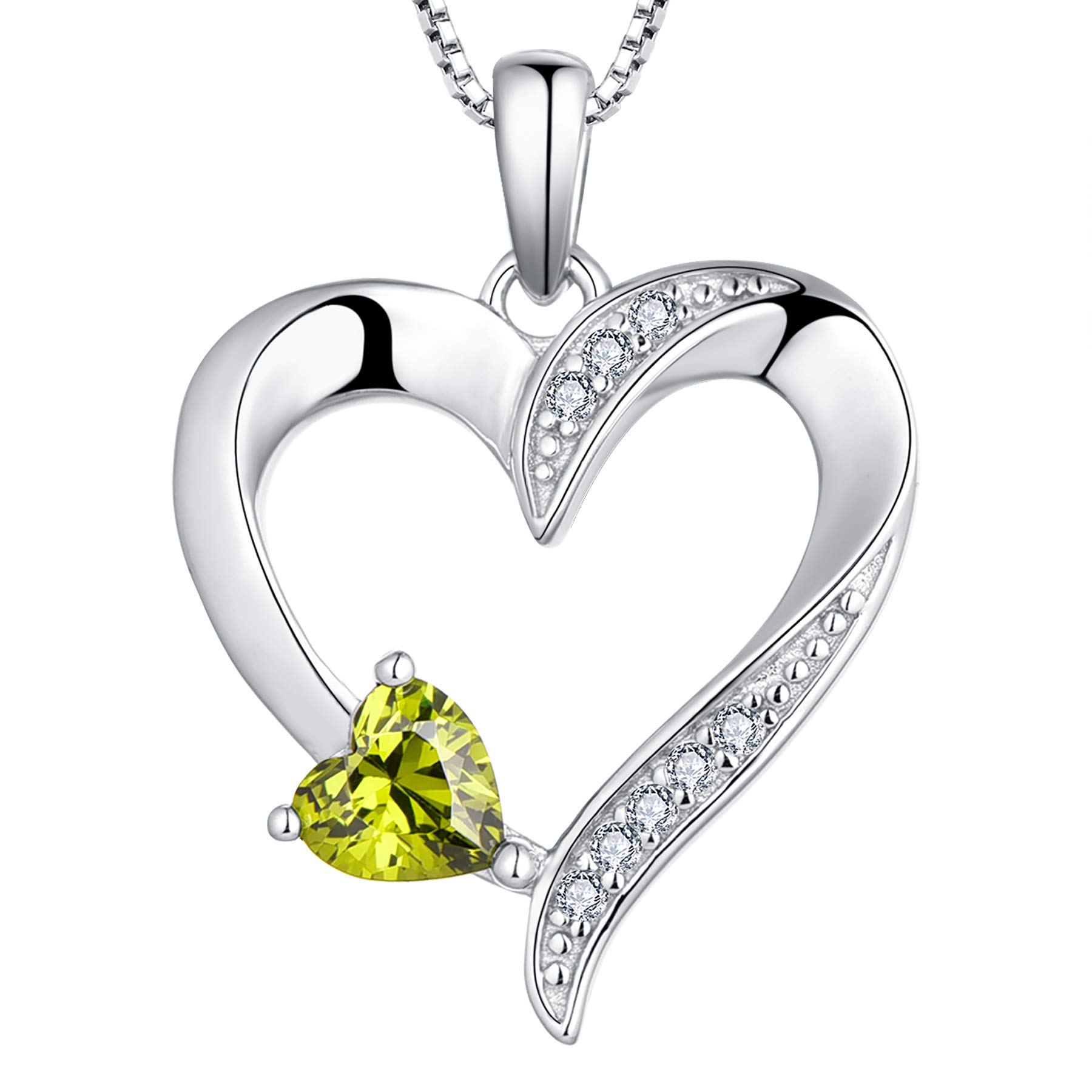 YL Heart Necklace 925 Sterling Silver August Birthstone Peridot Green CZ Double Heart Pendant Necklace for Women, 45-48cm