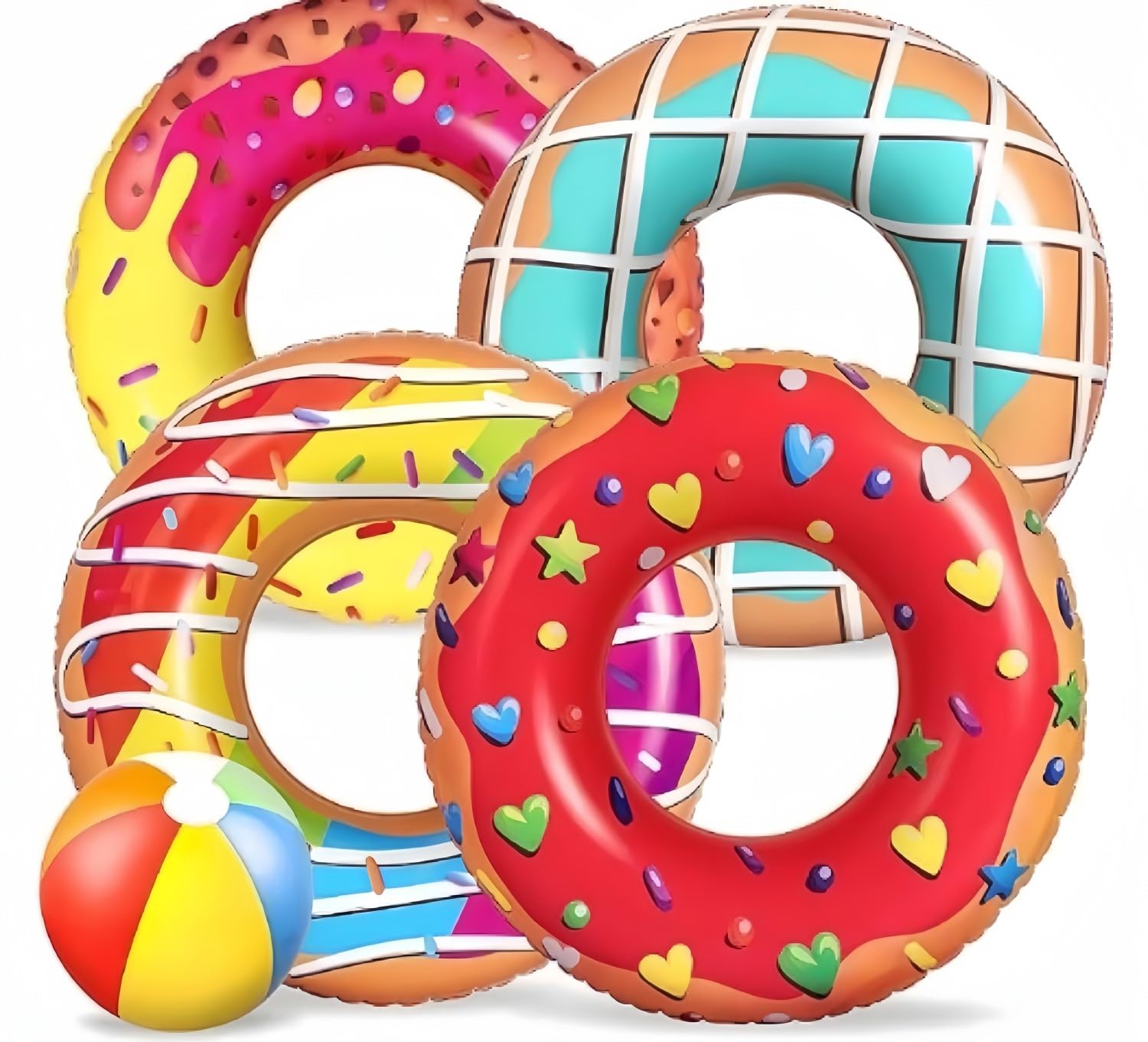LATERN 5Pcs Donut Inflatable Pool Floats, 4Pcs 75CM Doughnut Swimming Rings with 35CM Beach Balls - Inflatable Tubes Floaties Toys for Kids Adults Beach Swimming Pool Party