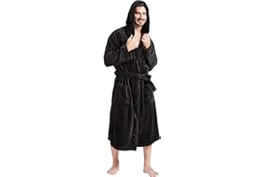 FashGudim Mens Hooded Robe Plush Shawl Collar Kimono Bathrobe Soft Warm Flannel Fleece Spa Robes House Coat Pajamas