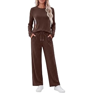 Huukeay 2 Piece Postpartum Long Sleeve Nursing Set | Breastfeeding, Hidden Zippers, Matching Clothes, Ribbed Sweater, Wide Le