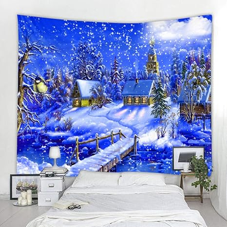 Amazon Co Jp 美しいクリスマス雪景色タペストリー壁掛けテーブルクロスベッドシートリビングルーム寝室の壁の装飾家の装飾 150x100cm ホーム キッチン