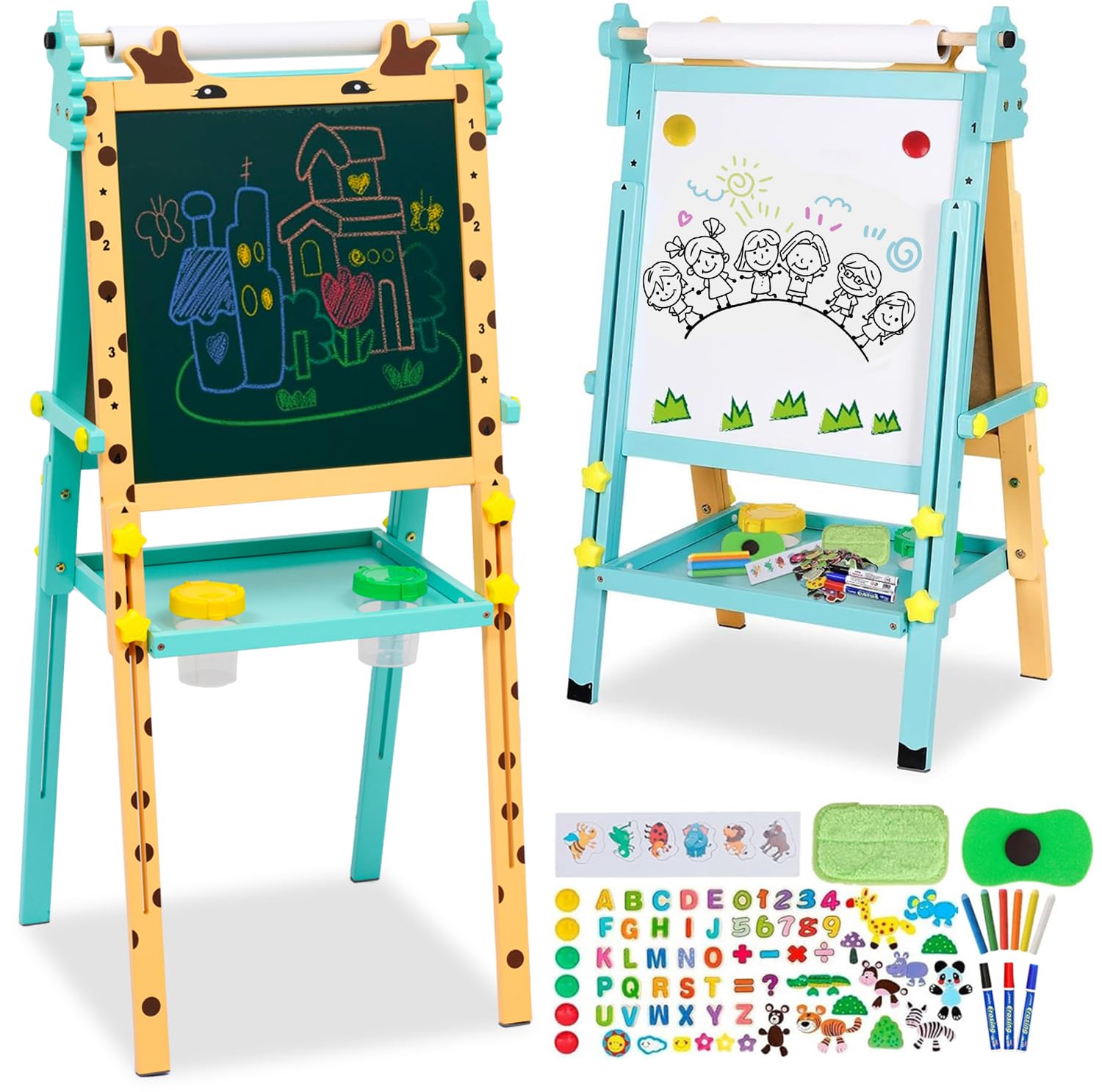Kids Art Easel with Paper Roll Storage Tray Double-Sided Adjustable Height Whiteboard & Chalkboard Standing Easel with Numbers and Other Accessories Painting Drawing Board for Toddlers Boys Girls