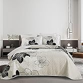 DJY Black White Quilt Set King 3 Pieces Floral Bedding Quilt Set Soft Botanical Bedspread with 2 Pillow Shams Lightweight Flower Quilt Coverlet Set for All Season 104''x 90''