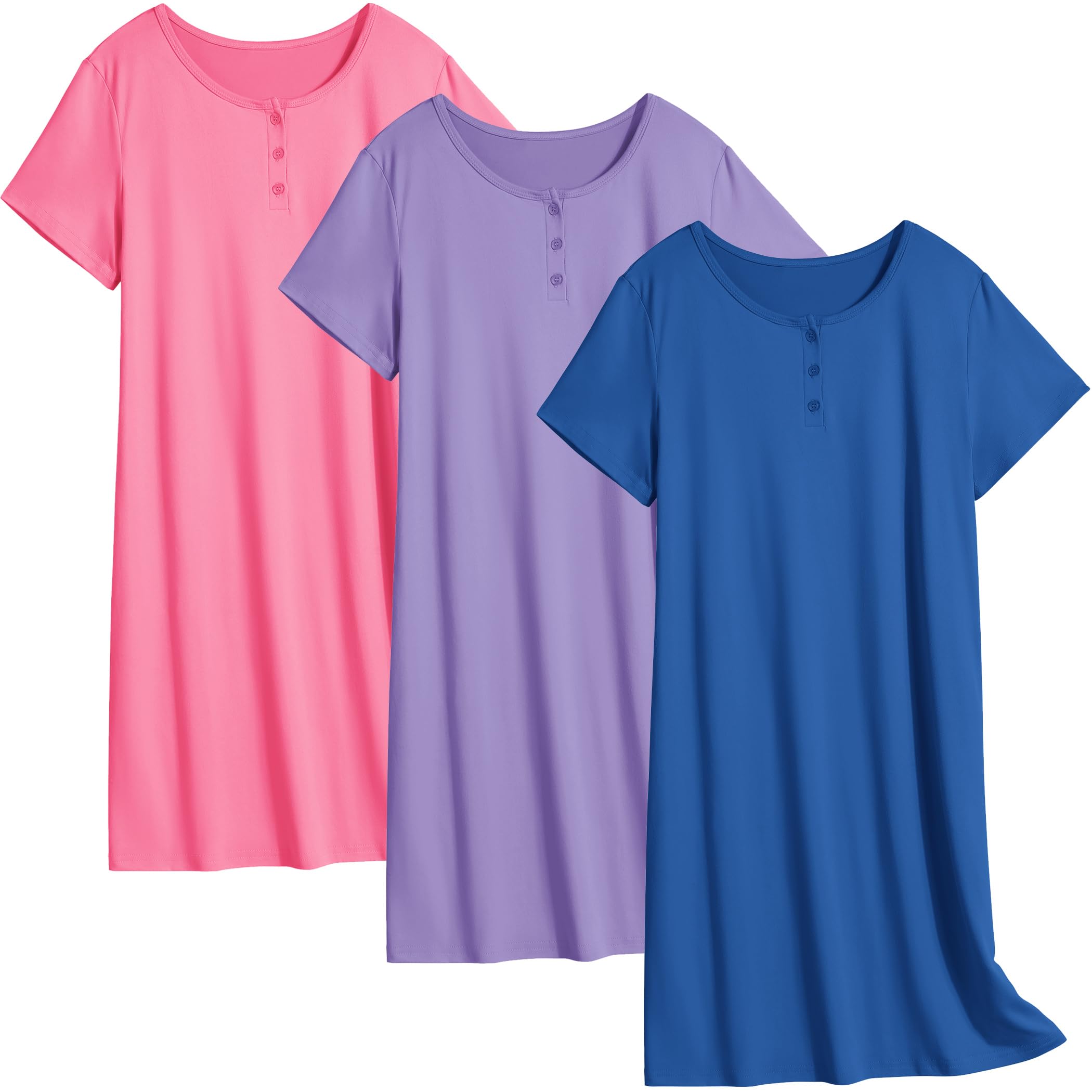 Ekouaer 3 Pack Nightgowns for Women Sleepwear Short Sleeves Sleep Shirts Button Down Nightshirt Sleep Dress Image