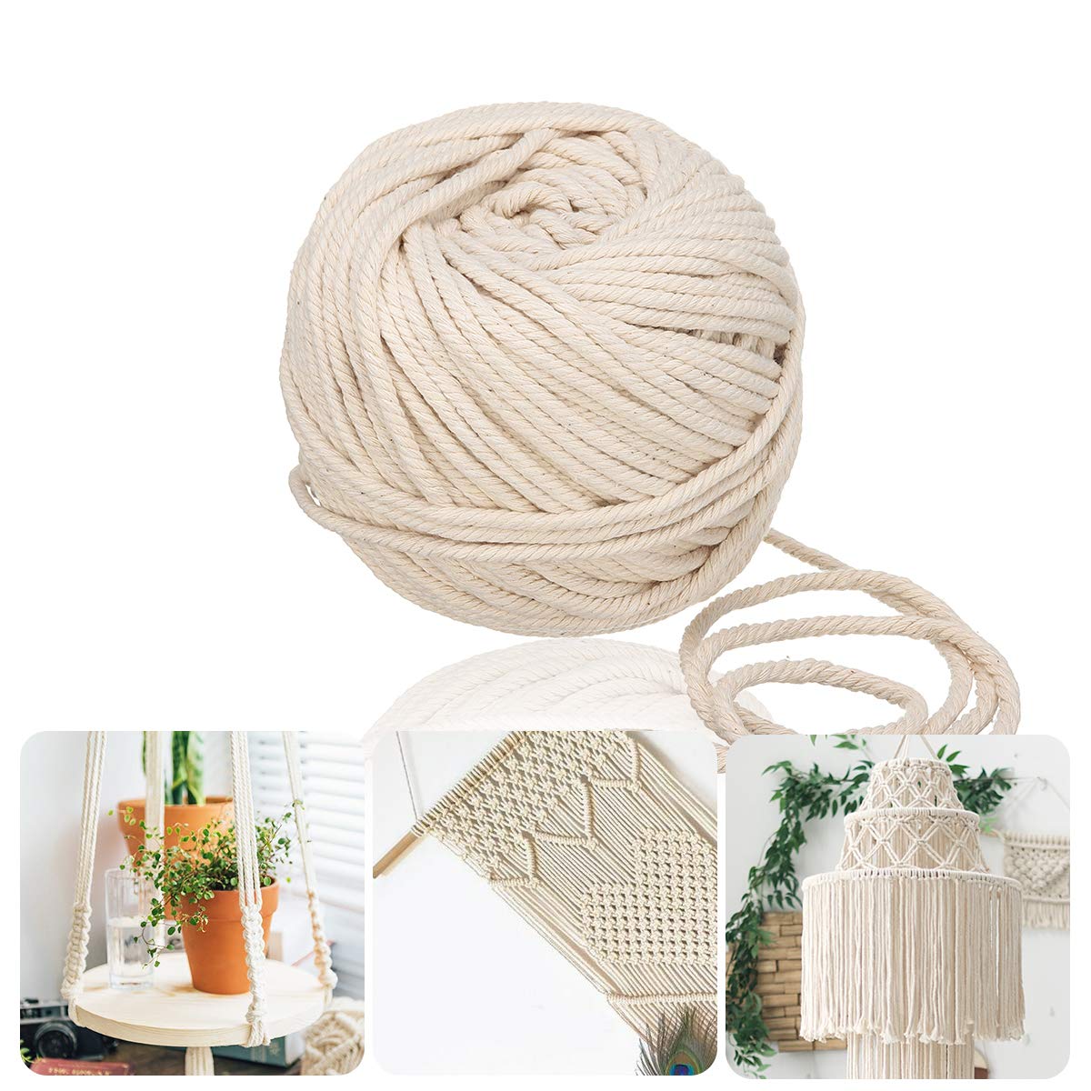 Jeteven Baumwollgarn Baumwollkordel Makramee Garn für DIY Handwerk Basteln Wand Aufhängung Pflanze Aufhänger (5mm x 60m)